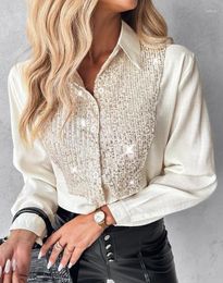 Women's Blouses Women Shirts 2023 Autumn Feminine Single Breasted Blouse Top Long Sleeve Lapel Contrast Color Sequins Casual Loose