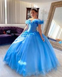 Quinceanera Dresses Light Blue Party Prom Ball Gown Off-Shoulder Sleeveless Tulle Custom Zipper Lace Up Plus Size New