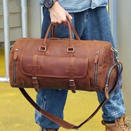Briefcases Vintage Fashion Handbags for Men Genuine Leather Travel Duffles Travelling Shoulder Bag Cowskin Hand Lage Bags Large Duffle