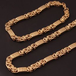 6mm 8mm Gold Tone 316L Stainless Steel Necklace And Bracelet Byzantine Flat Chain Jewellery Set Men Jewellery Gift2430