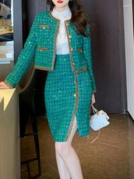 Work Dresses Spliced Plaid Two Piece Sets Womens Outifits Sequins Vintage Long Sleeve Jackets High Waisted Irregular Skirts 2023 Autumn
