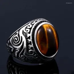 Cluster Rings Vintage Oval Tiger Eye Brown Gemstone Ring Men Women Fashion Punk Stainless Steel Engraved Pattern Men's Jewelry Wholesale