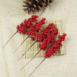 Decorative Flowers 5Pcs 12 Heads Red Berry Bouquet Wedding Party Decor Christmas Decoration For Home Flower Branch Artificial Pine Cone