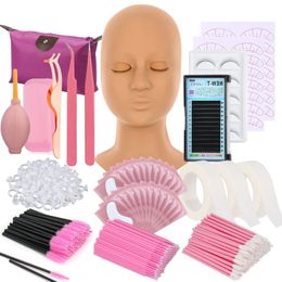 Training Eyelashes kit False Eyelashes Extension Mannequin Head Practise Exercise Kit Tweezers Brush Eye Lashes Graft Supplies 231227
