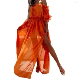 Casual Dresses Elegant Women Dress Summer 2023 See-through Mesh Double-layer Three Quarter Sleeves Off Shoulder Beach Floor Length Maxi