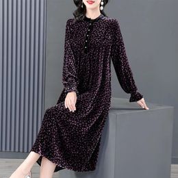 Floral Velvet Dress Women Autumn And Winter Long Sleeve Large Size Luxury Fashionable Korean Dress Stand Collar Vestidos 231226