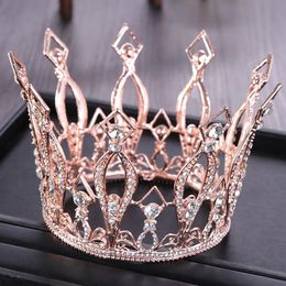 Hair Clips Vintage Rose Gold Round Crystal Wedding Tiara Queen Crown for Bridal Headpiece Diadem Prom Hair Jewelry194n