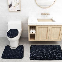 Mats Black 3D Cobblestone Bathroom Mat Toilet Covers Solid Colour 3pcs/set Bath Floor Carpets For Home Decor Quality Foot Pad Doormats Y