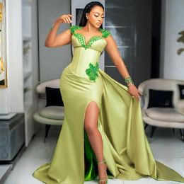 Light Green Aso Ebi Prom Dresses Mermaid Long Sleeves Beaded High Split Evening Formal Dress For Special Occasions Birthday Party Dress Second Reception Gowns AM277