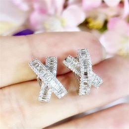 Ins Top Selling Luxury Jewellery 925 Sterling Silver Cross Earring Princess Cut White Topaz CZ Diamond Gemstones Women Wedding Clip 279w