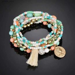 Bangle 6Pcs/Set Bohemian Beaded Multi-layer Bracelet For Women Vintage Fashion Metal Coin Pendant Tassel Bracelet Vacation Jewellery GiftL231227