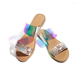 Slippers Rome Snake&leopard Pattern Women 2023 Sandals Flat Summer Beach Shoes Ladies Clear Dazzling Belt Slides Big Size 40/42