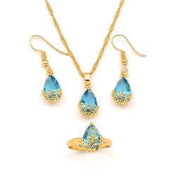 18K Yellow Gold GF Pendant Earrings Ring ed chain Water Drop sapphire Crystal Rectangle Gem with Channel Bridal Jewellery272t