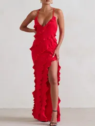 Casual Dresses Red Ruffled Chiffon Lip Dress Backless Front Slit Sexy Women's Long Summer Night Party