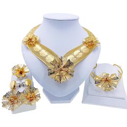 Dubai 24K Gold Plated Jewellery Set for Women Italian Design Flower Shape African Alloy Bracelet Ring Necklace and Earring 231226