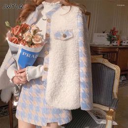 Work Dresses 2023 Patchwork Plaid Sweet Blazer Coat Women Houndstooth High Waist Button A-line Wool Chic Skirts Suit Korean 2 Pieces Sets