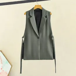 Women's Vests Women Formal Suit Vest For Autumn Solid Color Single Button Waistcoat Turn-down Collar Strap Decor Mid Length Commute