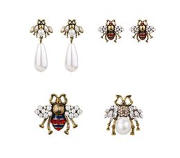 Women Brand Fashion Cute crystal bees stud earrings female vintage pearl earrings enamel animal Jewellery wedding brincos accessorie9583627