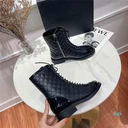 Luxury Designer Women Leather Ankle Boots Laceup Zipper Flat Low Heel Boot Flock Corduroy Fashion Comfortable Top quality Size