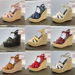 sandals famous designer women espadrilles wedge sandal heels leather shoes10.5 cm heel adjustable buckle wedding dress shoes with box 325