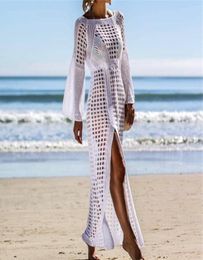 FashionCrochet White Knitted Beach Cover ups Swimwear dress Tunic Long Pareos Bathing Suit bikini coverup Swim cover up Robe Plage5844047