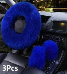 3Pcs Fur Car Steering Wheel Cover Mature Gem Blue Wool Furry y Thick Winter4523091