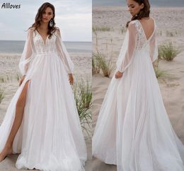 Romantic Polka Dots Tulle A Line Wedding Dresses Plus Size Deep V Neck Long Sleeves Lace Bohemian Country Bridal Gowns Sexy Thigh Split Backless Robes de Mariee CL3122