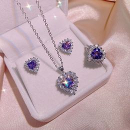 Lovely Blue Luxury Cz Zircon Heart Designer Rings for Women Love Hearts Sweet Shining Crystal Purple Stone Ring Earrings Necklaces Jewellery Set