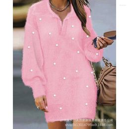 Casual Dresses Mini Dress Loose Summer Female Robe Y2K Beaded Velvet Women Solid Color V-neck Long Sleeve Studded