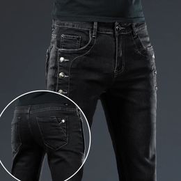 Men Slim Button Black Skinny Jeans Solid Colour Stretch Skateboard Multi-button Youth Male Denim Pants 231226