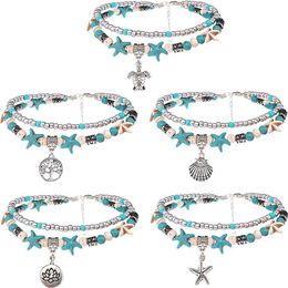 Layered Beach Anklets for Women Girls Adjustable Sea Turtle Anklets Bracelets Boho Turquoise Summer Ankle Foot Jewelry185N