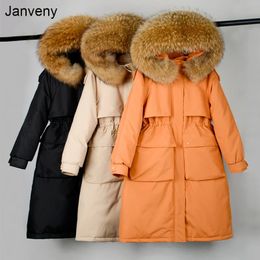 Janveny Large Natural Raccoon Fur Hooded Long Down Coat Women Winter 90% Duck Down Parkas Female Thickness Sash Tie Up Jackets 231226