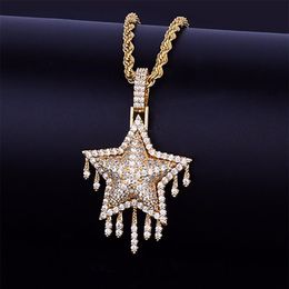 14K Gold Plated Icy Lab Diamond Star Drip Pendant Men Women with 24 Rope Chain Necklace Silver Gold Color Zircon Hip Hop Jew248R