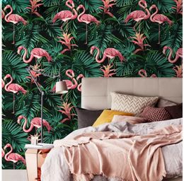 Fashion green plant pink flamingo wallpaper ins fresh TV background rental house living room girls bedroom party decor fashion1482656