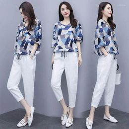 Work Dresses 2023 Summer Women's 2Pcs Plaid V-neck Blouse Pants Office Lady Two Pieces Set Casual Fashion Tops And Ankle-length Trousers