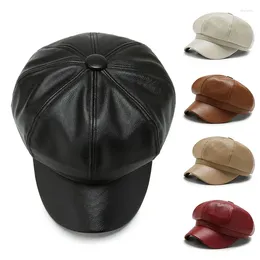 Ball Caps Autumn Winter Hats For Women Solid Plain Octagonal Sboy Cap Men Ladies Casual Pu Leather Hat Beret Painter