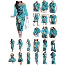 Men's Casual Shirts Polynesian Chuuk Tattoo Prints Clothes Women Dress Matching Men Shirt Style Comfort Breathable Plumeria Blue Lovers