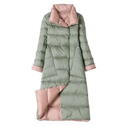 Long Puffer Jacket Mackages Light and Thin White Duck Down Women's Mid Length Diagonal Pocket Lapel Two Sides Through Knee Jacket 116