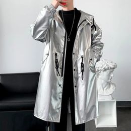 #4209 Black Silver Faux Leather Trench Coat Men Loose Motorcycle Shiny Surface PU Windbreaker Men Hooded Casual Long Coat Loose 231226