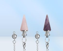 CSJA Conical Pendulum Natural Stone Taper Pendulums Silver Color Chain Crystal Pendants for Dowsing Spiritual Reiki Healing Jewelr8913594