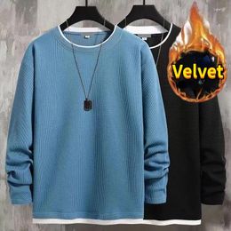 Men's Hoodies Autumn Winter Waffle Loose Thick Fleece Casual Sweatshirts Faux Two-Piece Stylish Design Harajuku Men Clothing Pullover