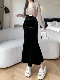 Skirts Irregular High-waisted Black Fleece Long Skirt Korean Autumn Winter Gold Velvet Fishtail Mid-length Slim A-line