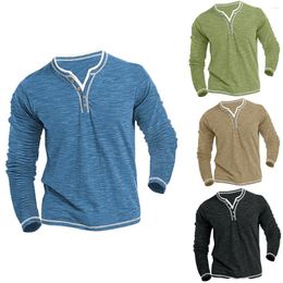 Men's T Shirts Fashion Casual Colour Cotton T-shirt For Men V-neck Cardigan Neck Long Sleeve Top Pullover Spring Autumn Tshirts Eastic