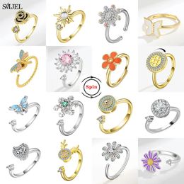 SMJEL Fidget Spinner Ring Anxiety for Women Multiple Crystal Flower Eye Butterfly Animal Rotate Anti Stress Wedding Jewerly 231227