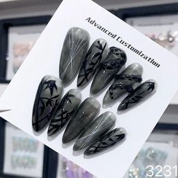 Handmade Black Press on Nails Hand Paint Mediumlength Almond Reusable Adhesive False Full Cover Acrylic Nail Tips Girls 231226