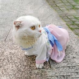 Cat Costumes Chinese Style 2023 Breathable Summer With Ribbon Embroidery Pet Hanfu Antique Dress Clothes Puppy Thin Skirt