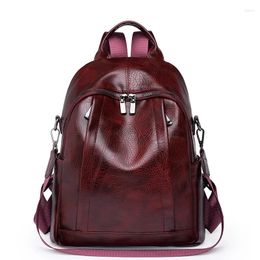 School Bags Burgundy PU Leather Backpacks For Women Solid Vintage Small Satchels Girl Fashion Cute Book Shoulder Packages