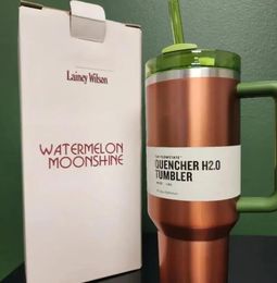 With logo Watermelon Moonshine H2.0 40oz Stainless Steel Tumblers Cups with Silicone handle Lid Straw Travel Car mugs Keep Drinking Cold Water Bottles 1227