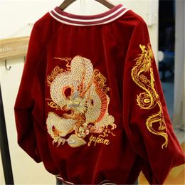 Luxury Dragon Embroidered Corduroy Baseball Coat Velvet Cardigan Zipper Bomber Jacket Couples Outwear Chaqueta Long sleeved Tops 231227