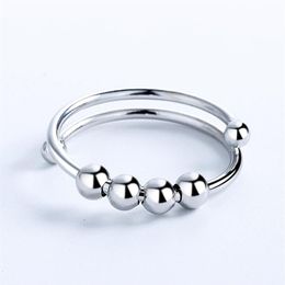 Cluster Rings Stress Relief Anxiety Ring With Spinner Beads Silver Colour Fidget For Women Adjustable Jewellery Whole Gifts KAR04321r